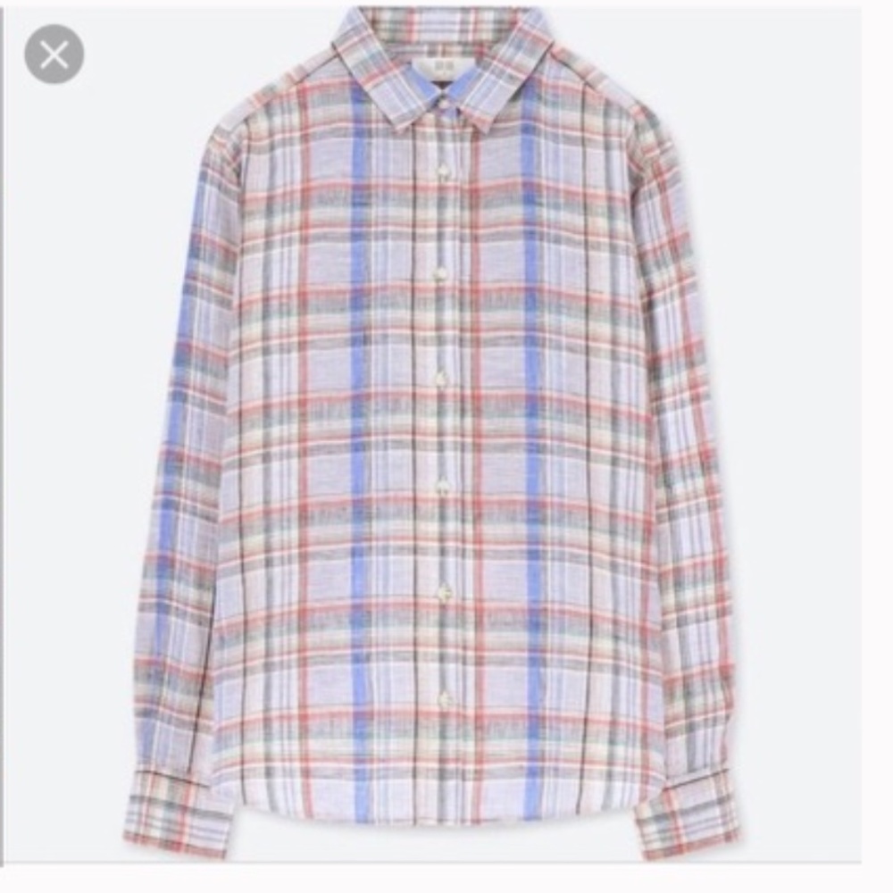 Uniqlo red blue plaid button front blouse